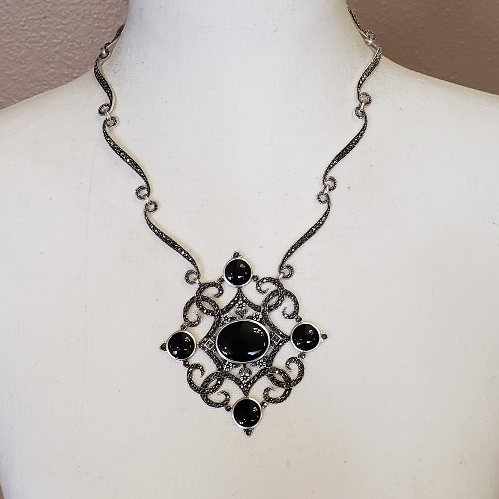 Marcasite Necklace With Black Onyx Accents